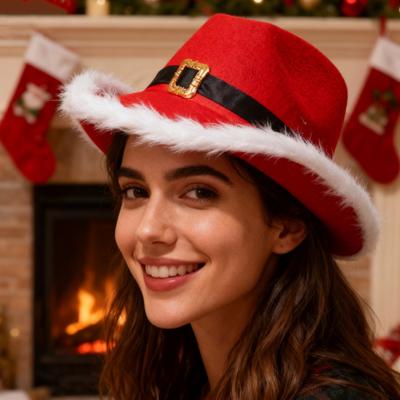 Cowboy Hat Christmas Themed White Furry Trim Soft Felt Material Jazz Top Hat Adjustable Red Tie Party Hat