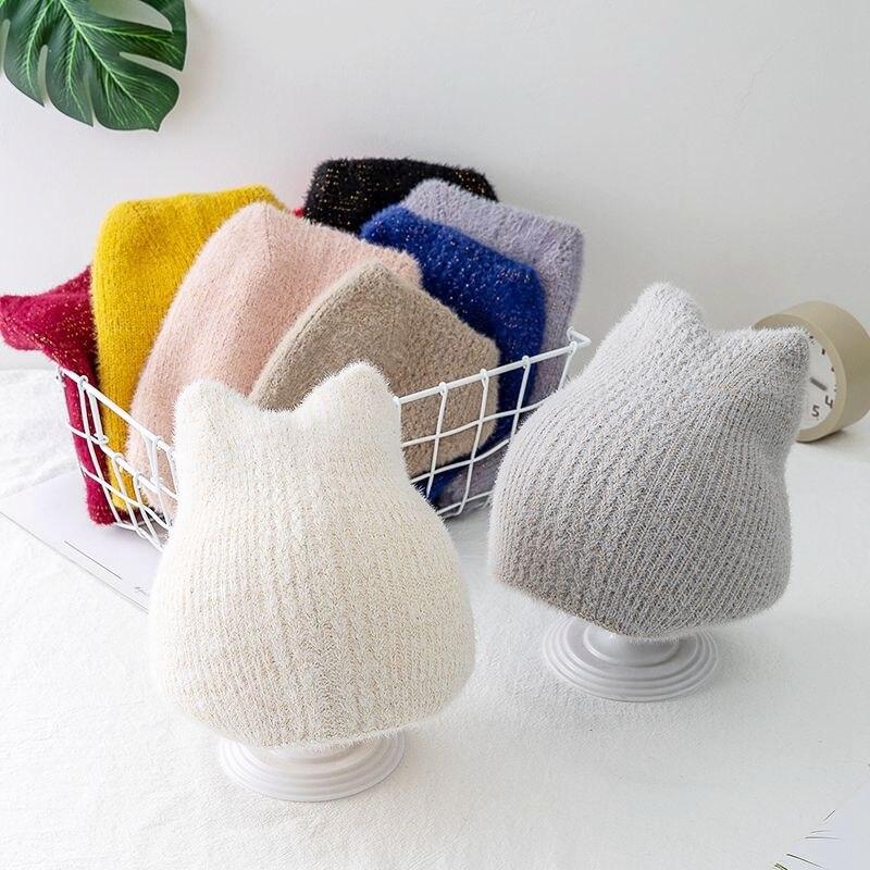 Neue Frauen Nette Katze Ohr Winter Hut Doppel-schicht Kaninchen Pelz Hut Stilvolle Weiche Beanie Hut Für Frauen Warme grils Gestrickte Hut