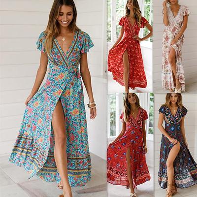 Ladies Sexy V-neck Cardigan Broken Bouquet Waist Belt Split Print Long Dress