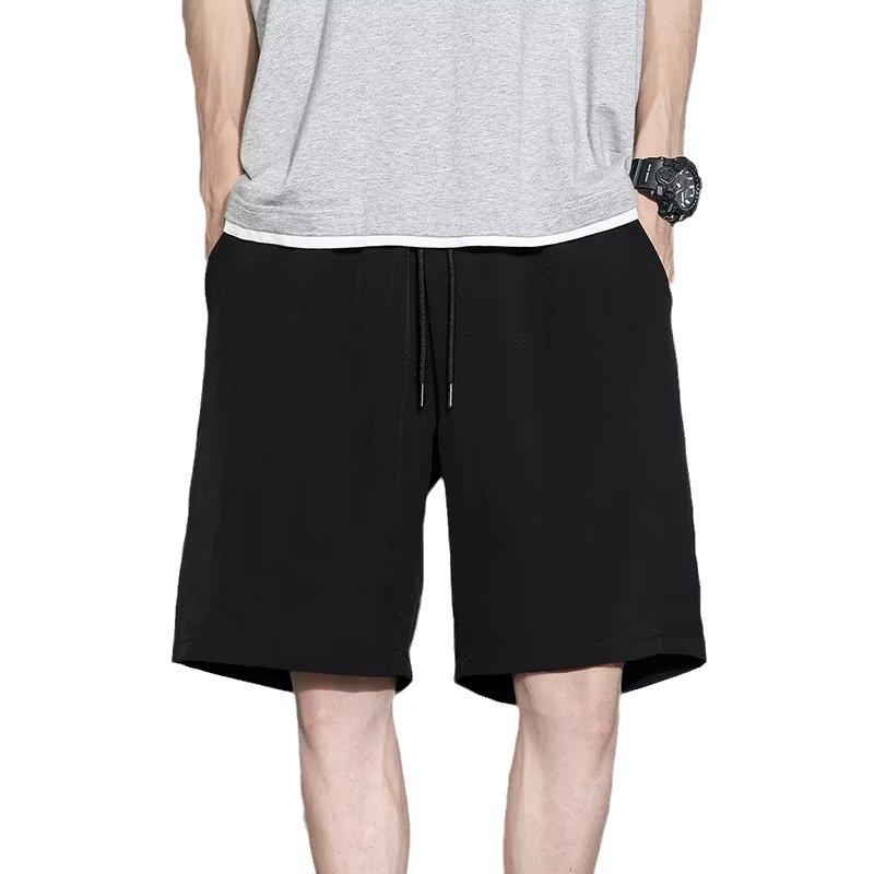 Summer Loose-fit Men's Sports Mid-waist Shorts Lightweight Black Ice Silk Five-poin