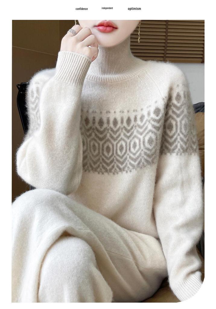 Women's High-Neck Double-Strand Pure Wool Knit Sweater - Autumn/Winter Jacquard Color-Block Loose Long-Sleeve Cashmere Pullover