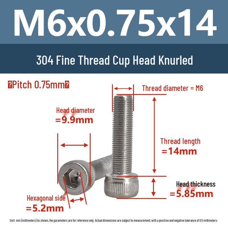 Yigu Fine Thread Knurled Socket Head Screws, 304 Stainless Steel, M3-M12
