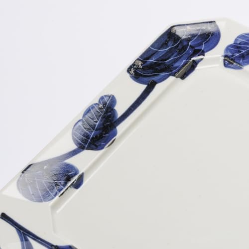 Hasami ware "Mitsuharugama" rectangular plate, approximately 23cm wide x 18cm deep, microwave and dishwasher safe, Fururu Blue with floral pattern, Ma