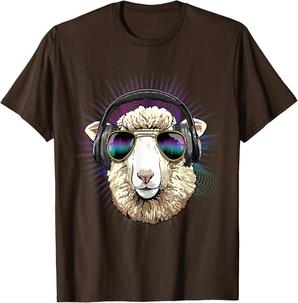 Music Sheep DJ Graphic Tee Cool Animals Headphone Rave T-Shirt Men Trip