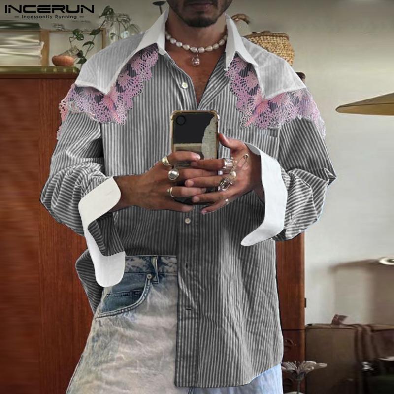 INCERUN Oversized Men Lace Patchwork Lapel Short Sleeve Striped Casual Loose Shirts
