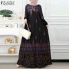 ZANZEA Women Casual Round Neck Long Sleeve Print Muslim Long Dress
