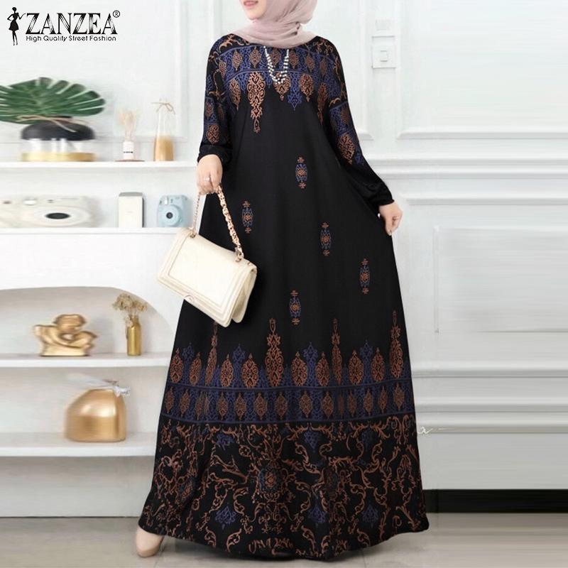 ZANZEA Women Casual Round Neck Long Sleeve Print Muslim Long Dress