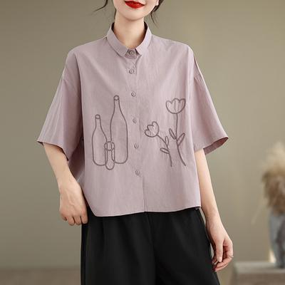 DIMANAF 2026 Women Plus Size New Summer Blouse Shirt Short Sleeve Embroidery Casual Loose Lady Tops Shirts Cotton