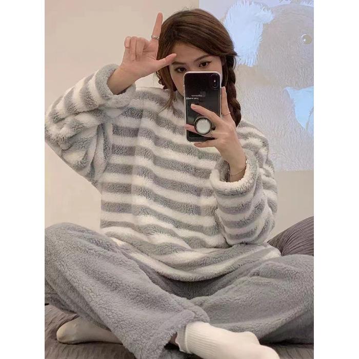 

Осенне-зимняя утолщенная теплая фланелевая женская пижама, домашняя одежда, топ и брюки, большой размер, одежда для сна, домашняя одежда, ночная одежда XXL