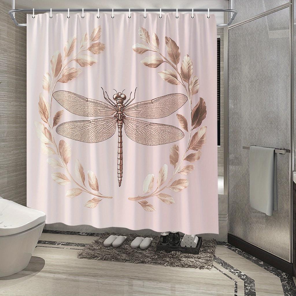 1pc Golden Dragonfly Shower Curtain - Digital Artwork with Intricate Wings, Laurel Wreaths, Soft Pink Gradient