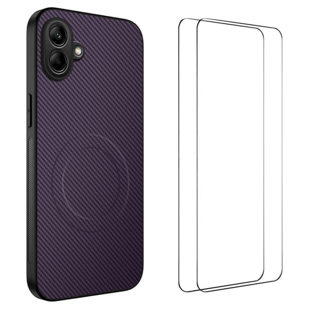 WANLONFENG TQ1 Series For Samsung Galaxy A07 Magnetic Case Carbon Fiber Texture PC TPU Phone Cover with 2Pcs Screen Films