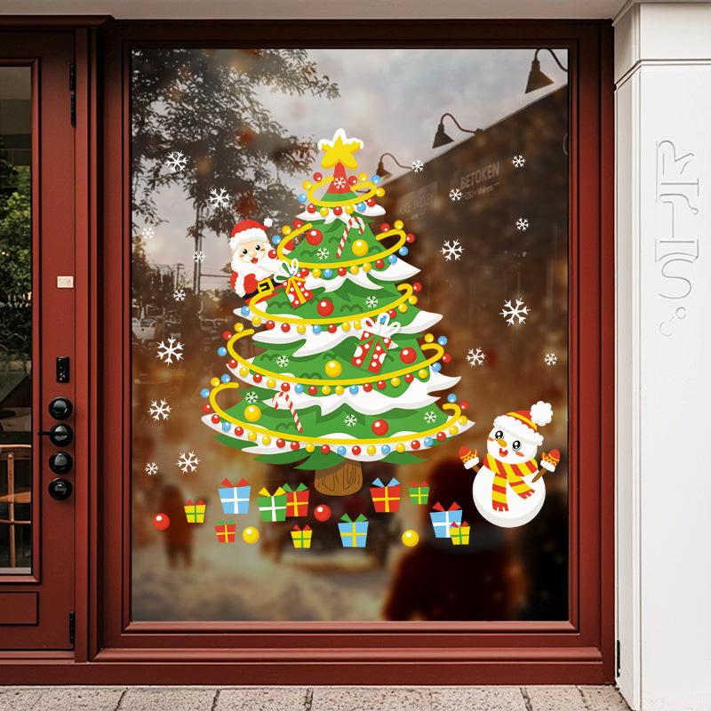 Santa Claus tree, window display, snowman, holiday decorations, scene arrangement, glass door stickers