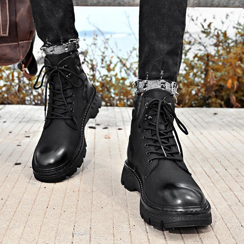 Thick-soled Martin Boots Men's Leather Boots Winter Velvet Thermal Tooling Boots Short Boots Medium and High-top Locomotive Men's Shoes Genuine Leathe