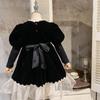 2023 wiosna jesień odzież dla dzieci dziewczyny księżniczka moda w stylu Retro czarna sukienka koraliki bufiaste rękawy dziecięce sukienki dla dzieci