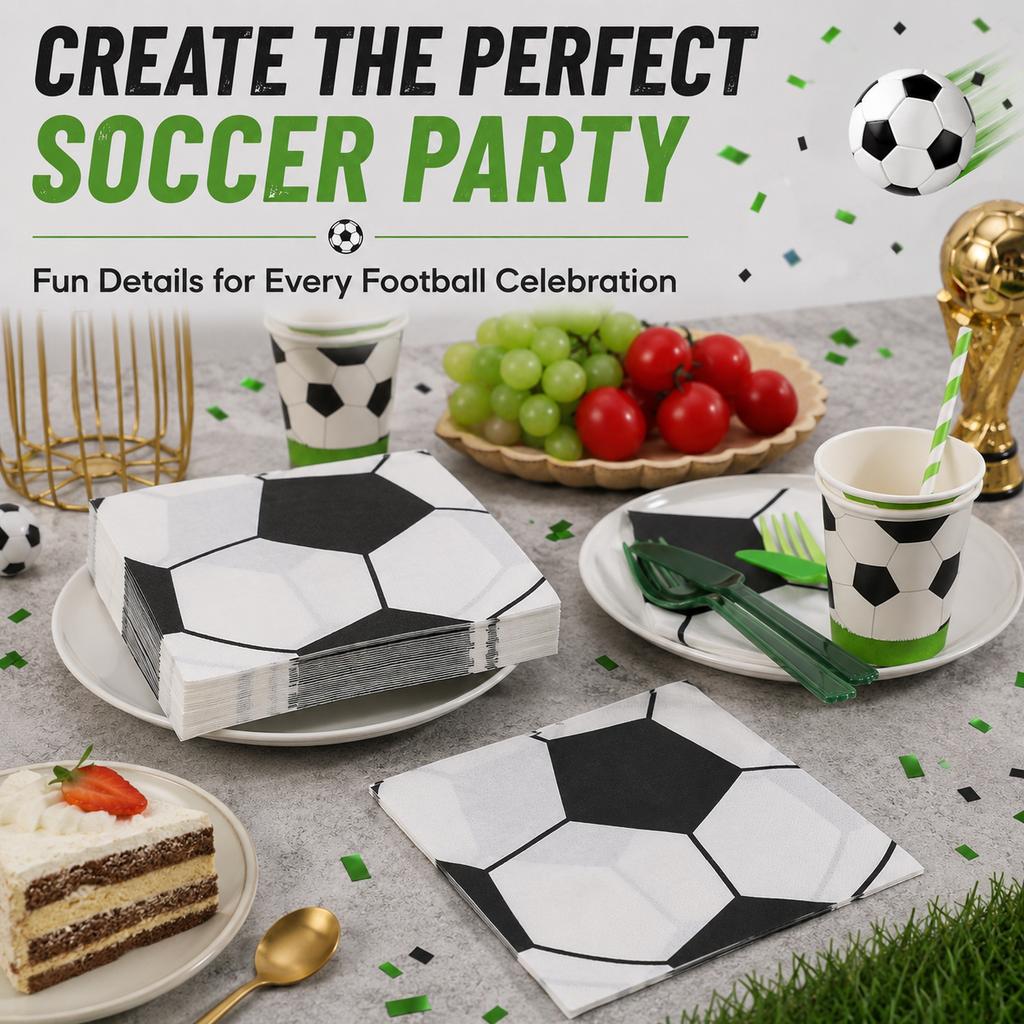 20PCS Soccer Paper Napkins 2-Ply 33x33cm Black White Football Party Table Serviettes