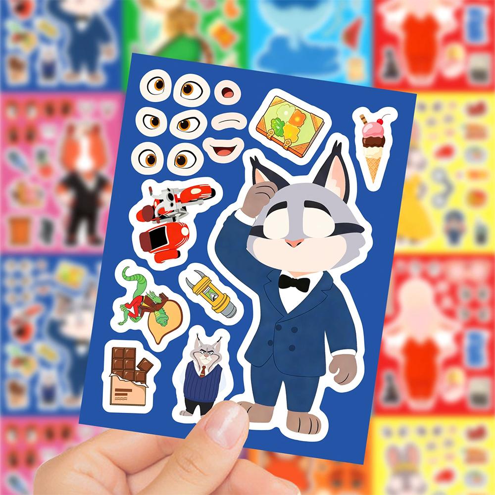 8/16sheets Anime Zootopia 2 Puzzle Stickers Cartoon Make a Face Decals Assemble Jigsaw Education Toy Decoration Sticker
