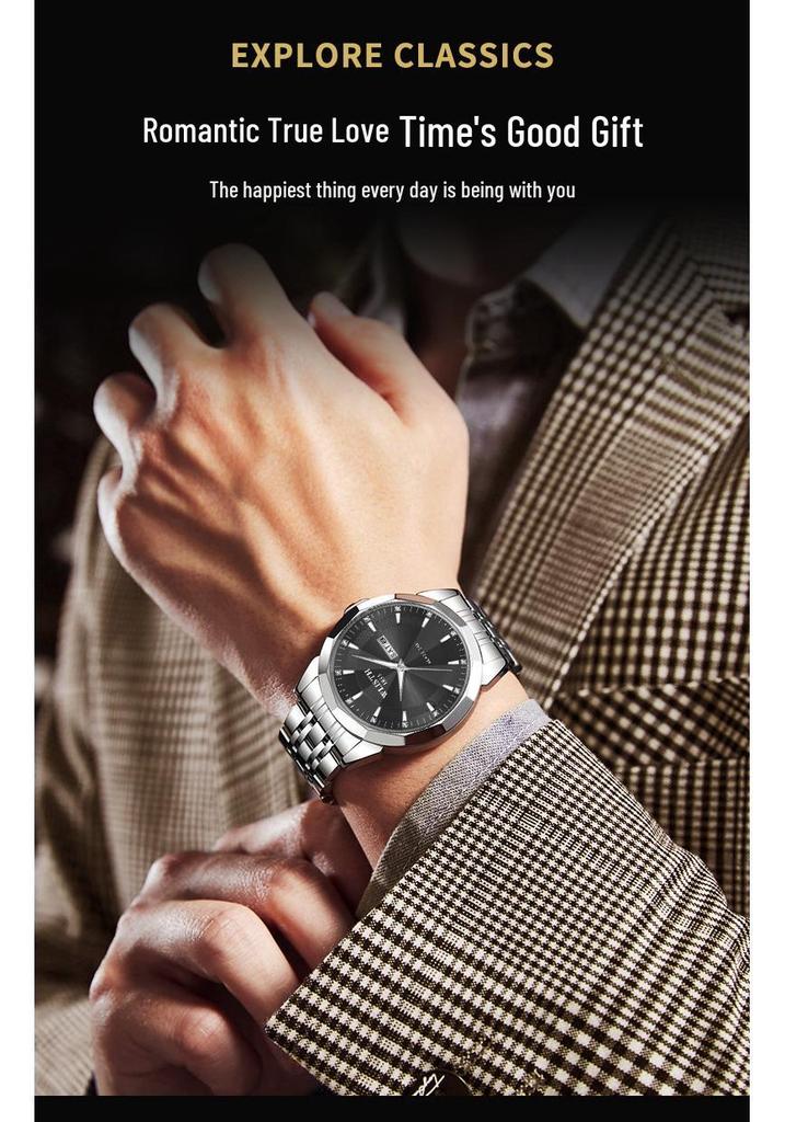 Trendy Waterproof Luminous Quartz Couple Watches for Men & Women – Solid Steel, Calendar Feature