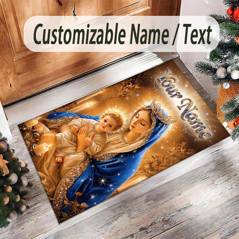Virgin Mary Theme Crystal Velvet Rug Personalized Custom Name Text Soft Floor Mat Home Decor