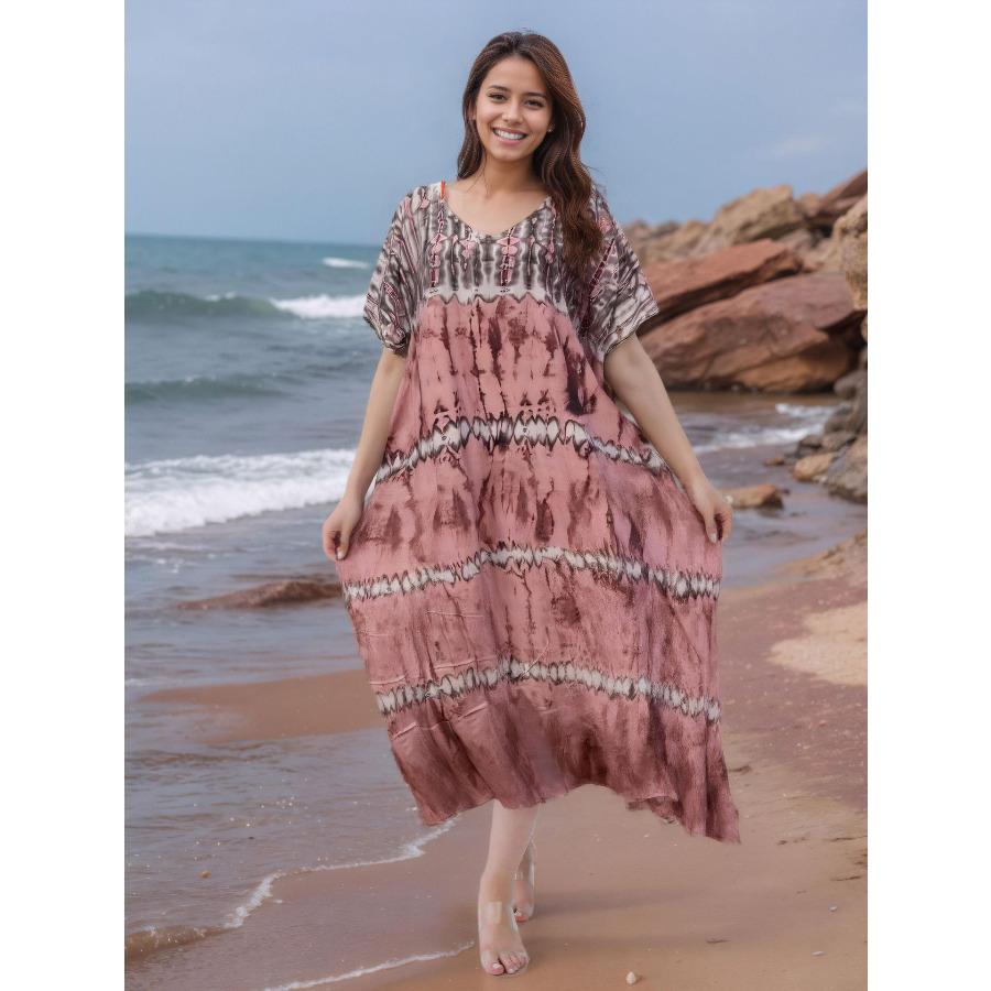 Women's Tie Dye Print Beach Cover Up Loose Flowy Long Kaftan Robe, Open Front Swimwear Shirt 0993