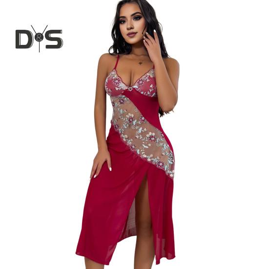 

Женская летняя ночная рубашка с регулируемыми бретельками-спагетти, открытой спиной, цветочной вышивкой, глубоким V-образным вырезом, без рукавов, кружевной отделкой, разрезом по низу, ночная рубашка для спальни S красный