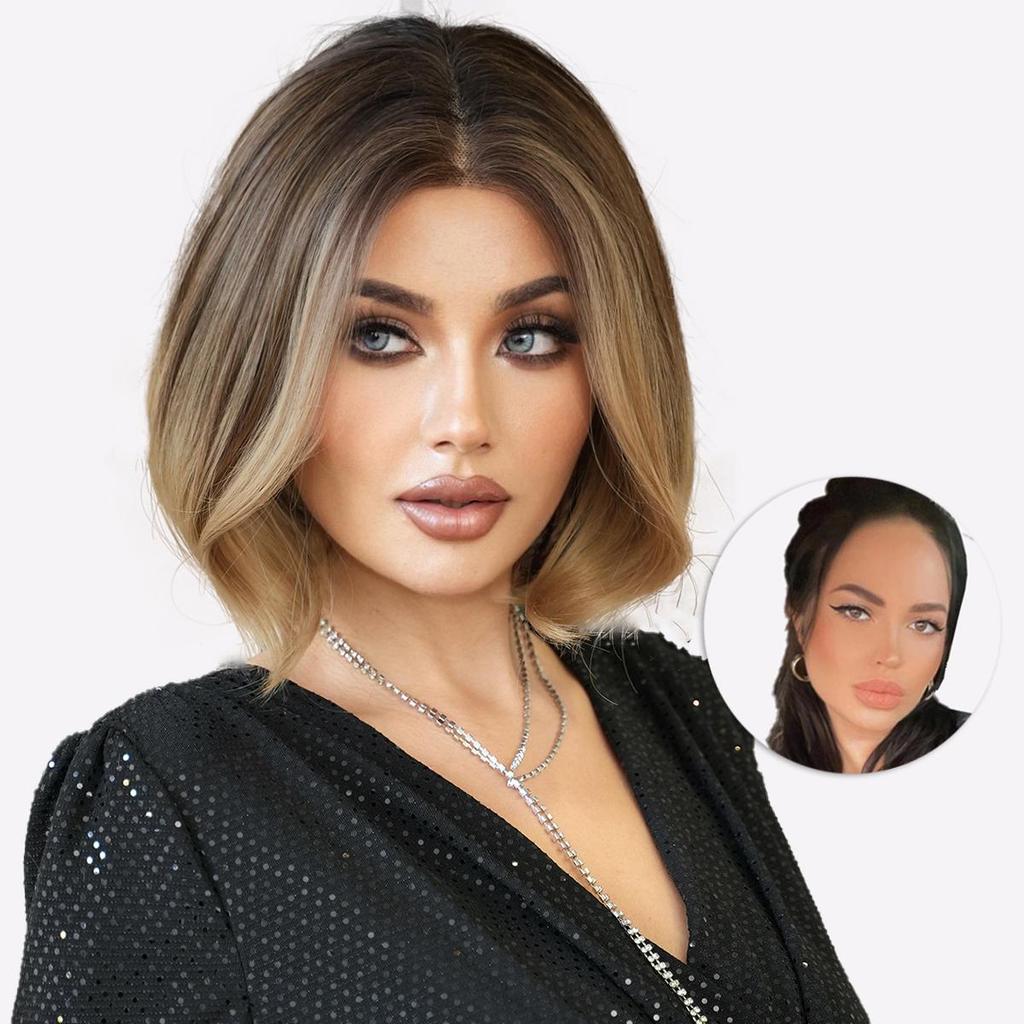 13x1 T-Part Lace Bob Perücke - Rooted Shadow Blonde Kurze Locken, Hitzebeständiges Kunsthaar mit natürlichem Look