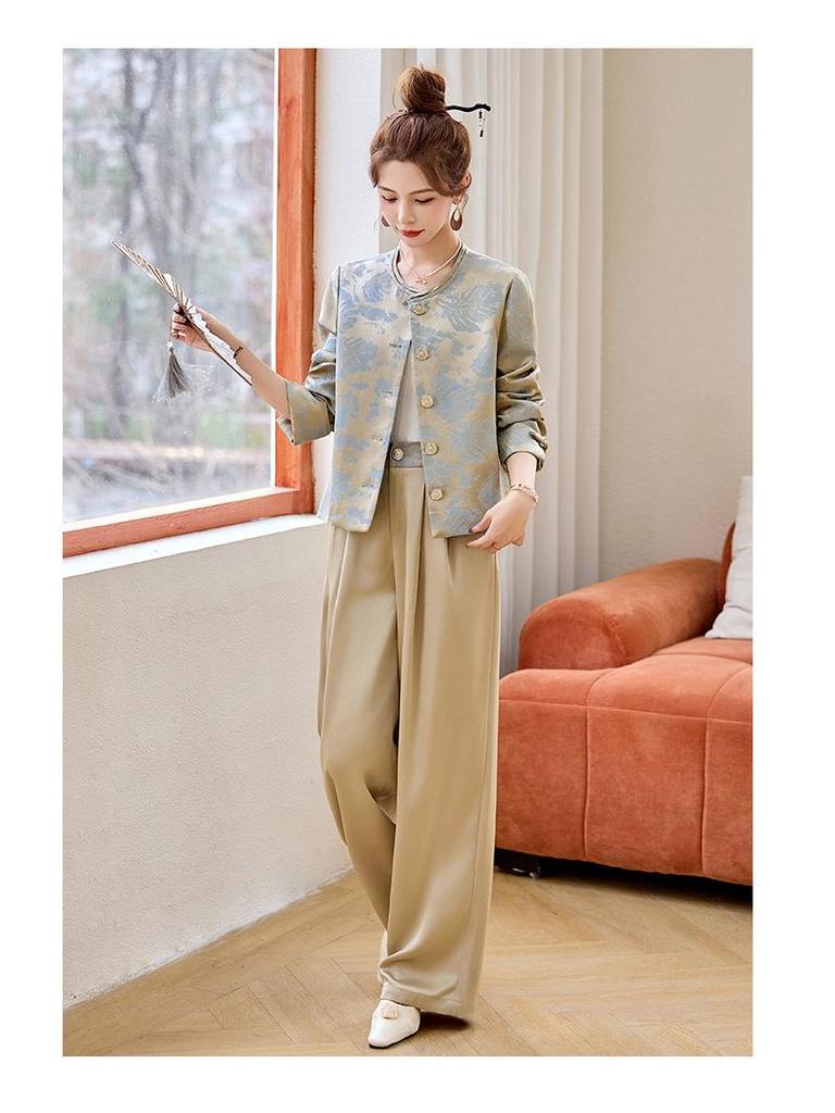 Spring 2026 Elegant High-Waisted Satin Two-Piece Suit for Women: New Chinese Style