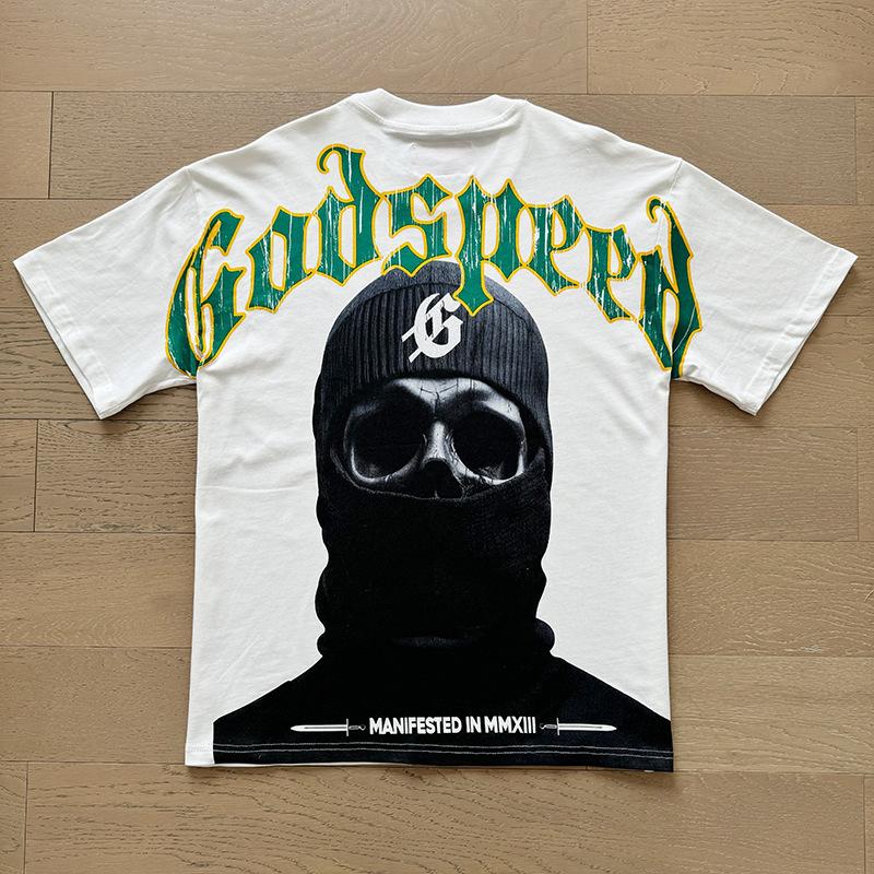 New Meichao Godspeed Skull Rock Band Crew Neck Wash Black Short Sleeve T-Shirt Couple Same Style