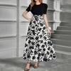 Women's Fashion Casual Belt Short Sleeve Round Neck Print Stitching Elegant Temperament Dress