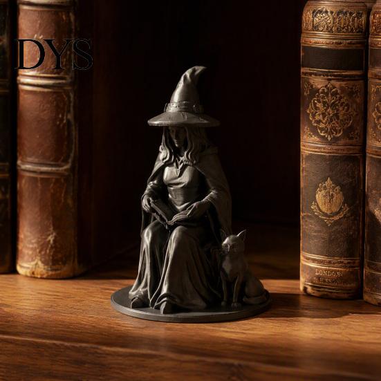 Dark Fantasy Witch Statue Black And Cat Figurine, 3D Printed Reading Statue, Small Gothic Figurine Collectible Sculpture for Halloween Home