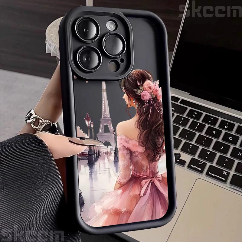 Pink Girl Flower Pattern Phone Case For iPhone 16 15 Pro Max 16E 14 13 12 11 XS X XR 7 8 Plus Shockproof Silicone Soft Cover