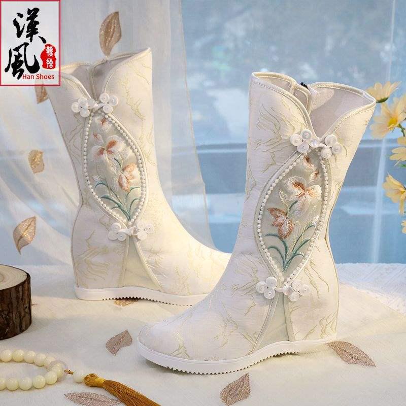 Vyšívané zimní Hanfu kozačky po kolena: Etnický styl, Plyšová bavlna, Vnitřní zvýšení výšky