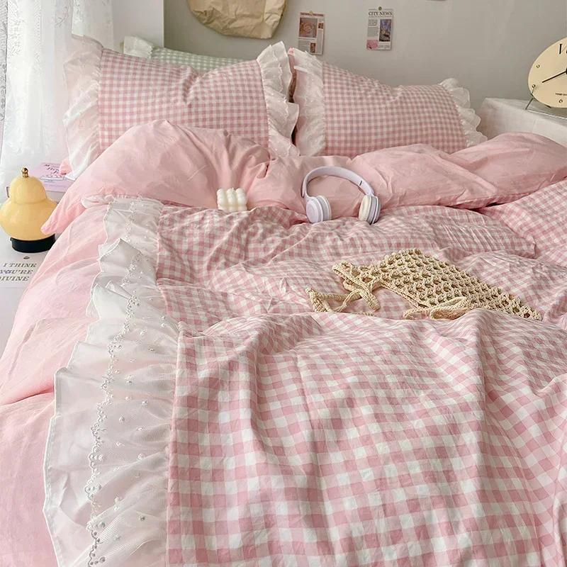

Korean Princess Style Lattice Double Layer Lace Bedding 1.2m sheet 3pcs рожевий