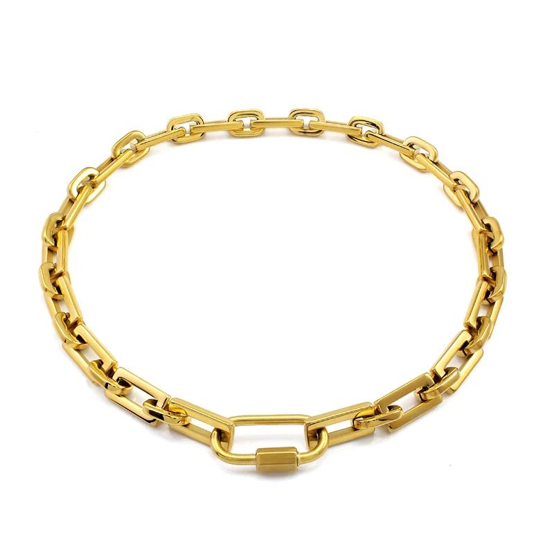 Trendy Style Gold Color Stainless Steel Thick Rectangular Link Chains Necklace for Women Men Carabiner Pendant Chunky Necklace