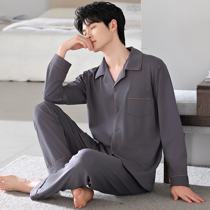 Pajamas Men'S Spring And Autumn Autumn Cotton Long Sleeve High-End Homewear Men'S Simple Casual Cotton Suit