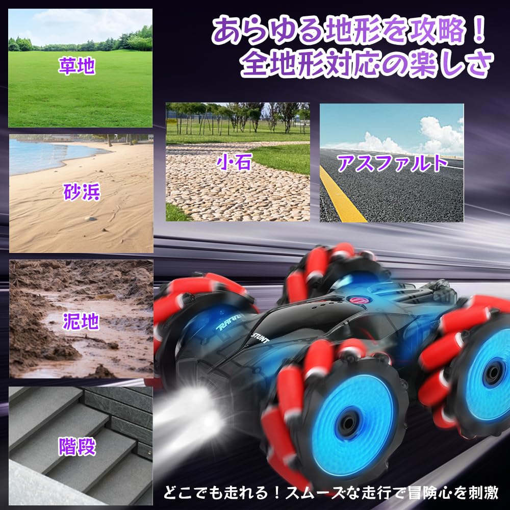Flycreat RC Off-Road Car for Kids, LED Lights, Double-Sided Driving, 360° Rotation, Mecanum Wheels, 2.4GHz, USB Rechargeable, Remote Control Car for