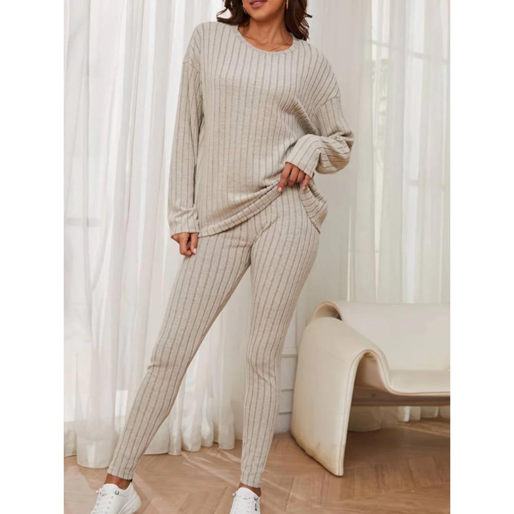2 Piece Set Women Autumn New Fashion Casual Elegant Loose Crew Neck Ribbed Knit Outfit