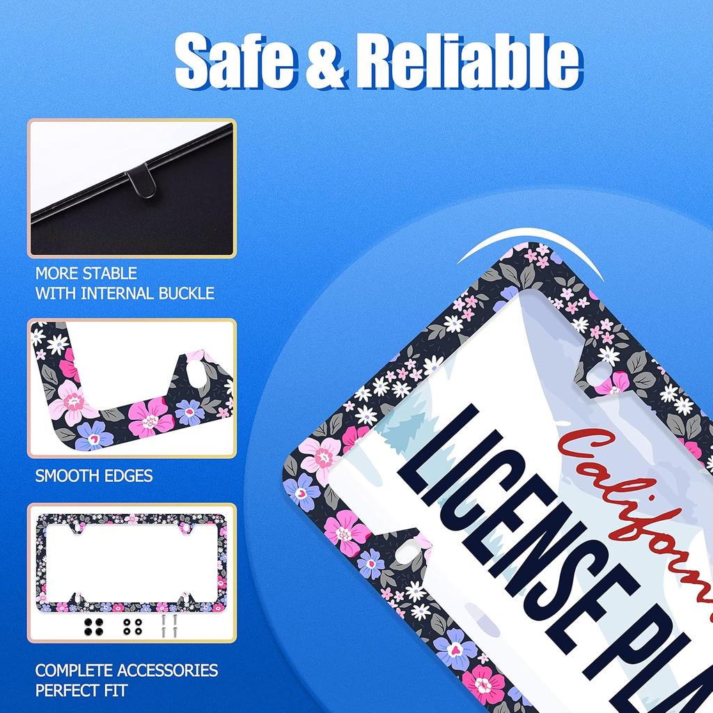 Watercolor Purple And Pink Hibiscus Flowers License Plate Frame License Plate Stainless Steel Parts Colorful License Plate Decorative With Screws