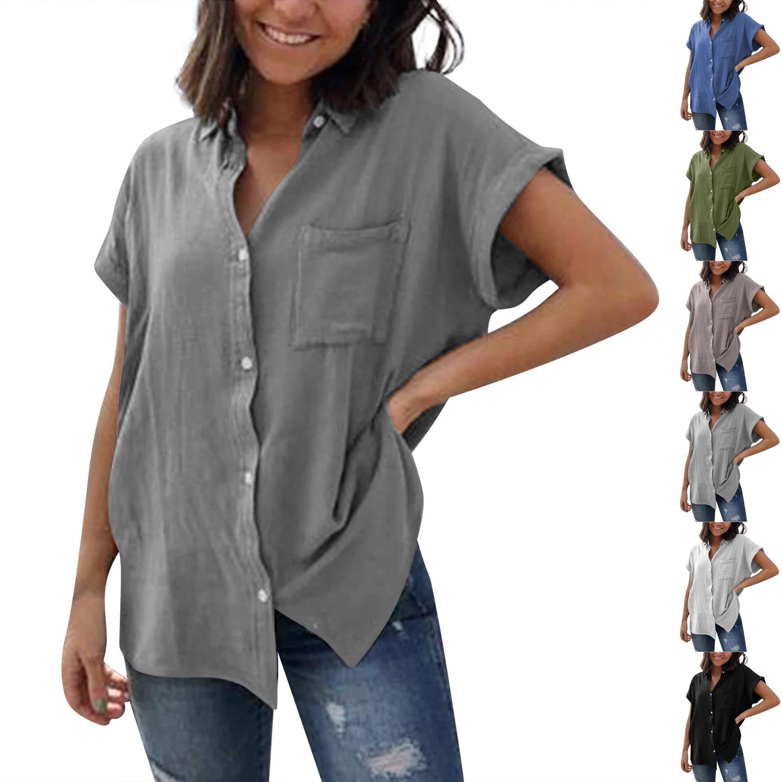 

(Куниде) Женская повседневная модная однобортная рубашка с коротким рукавом и однотонным топом