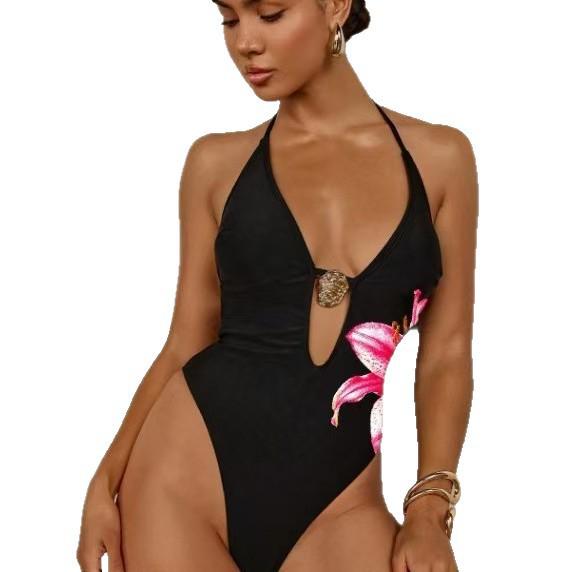 Jednoczęściowy strój kąpielowy plażowy bikini dla kobiet z krzyżującymi się ramiączkami i głębokim dekoltem w serek, z nadrukiem