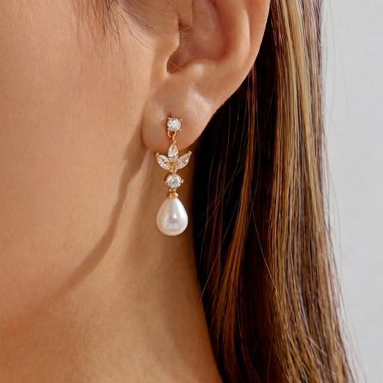 1 Paar Hängeohrringe Imitation Perle Zirkonia Kamelien-Design Anhängerohrringe Braut Hochzeitsohrringe Schmuck Geschenk