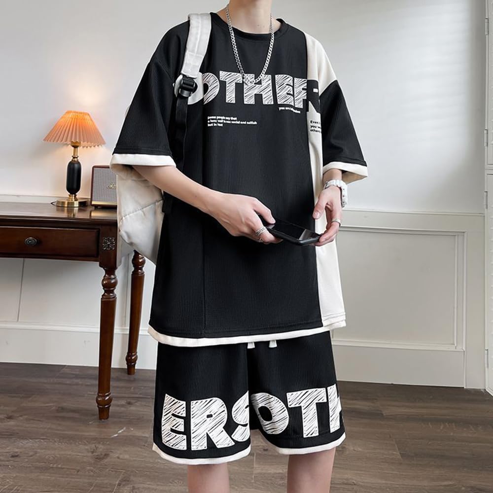 SUKESEM Summer Short Sleeve Plus Sizes Loose Stylish Tracksuit Top and Solid Comfortable Sportswear Size Men's T-Shirt Set, Available, Fit, Pants,