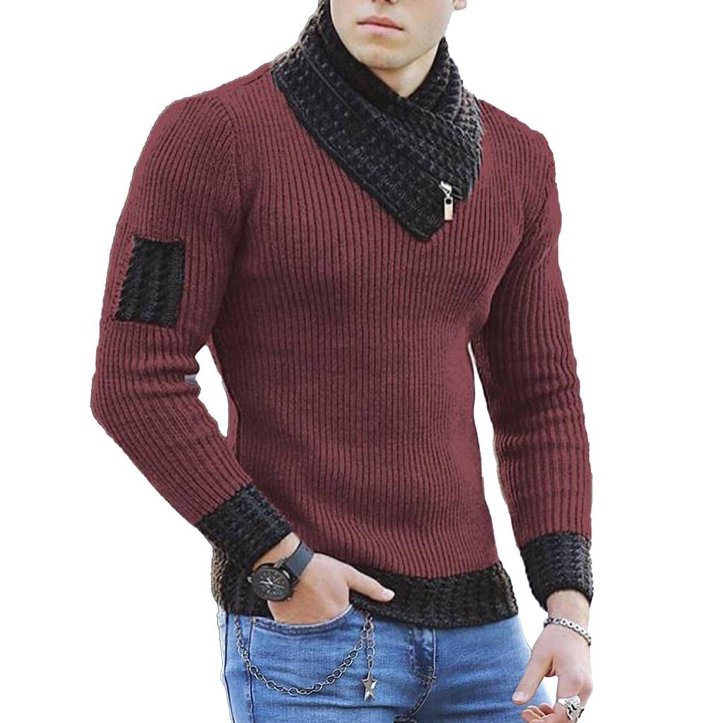 Men's Casual Solid-color Patchwork Style Long-sleeved High-neck Sweater, Men's Fitted Knitted Pullover, Scarf Collar Sweater