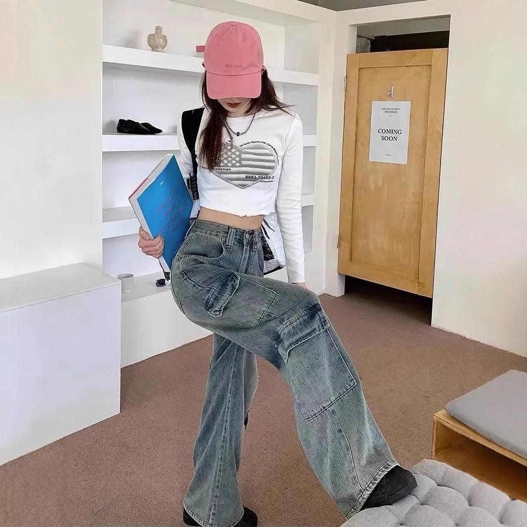 Women's High Waist Distressed Boyfriend Cargo Jeans - Loose, Slimming, Straight Leg, Floor-Length.