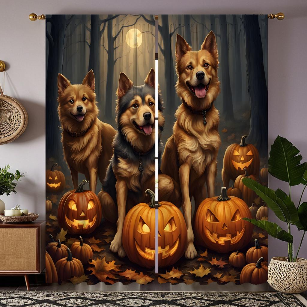 2-piece HD Moonlit Halloween jack-o '-lantern Wolf dog curtain Black tie digital printed curtain Home Decoration style Decoratio