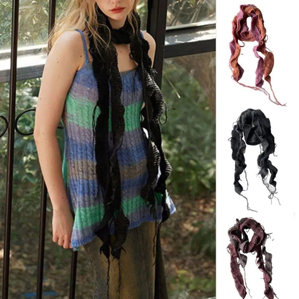 Solid Color Knitted Scarf Irregular Long Narrow Scarves All-match Ruffle Shawl  Streetwear