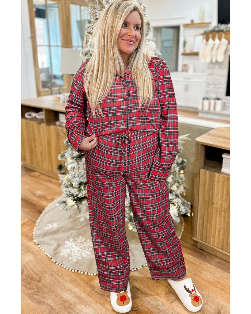 Azura Exchange Red Plaid Printed Shirt and Pants Plus Size Lounge Set