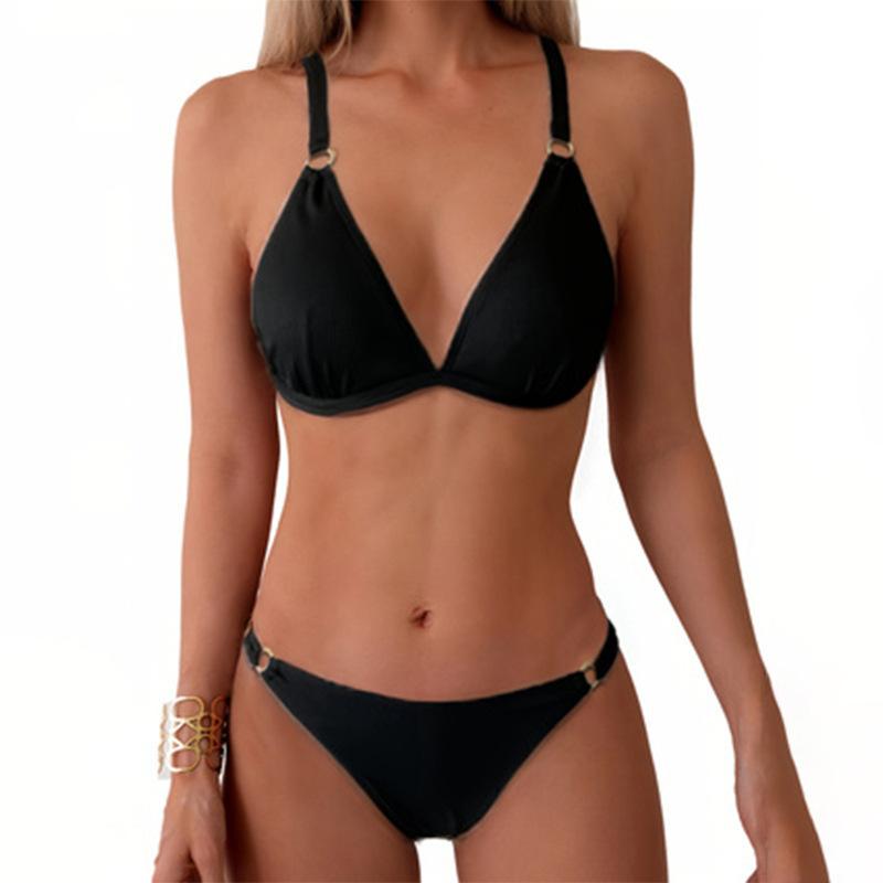 TS JYL-SW257 Solid V-Neck Swimsuit, Tummy Control Cross Back Bikini Set M