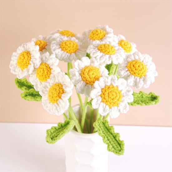 Crochet Flower with Leaves Handmade Knitting Yarn Floral Decoration Home Office Table Centerpiece Mother's