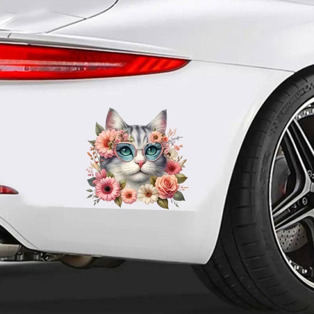 QT2013#15cm Adorable Cat and Floral Waterproof Car Decorative Decal, Suitable for Cars, Laptops, Bumpers, Glass Window Sticker