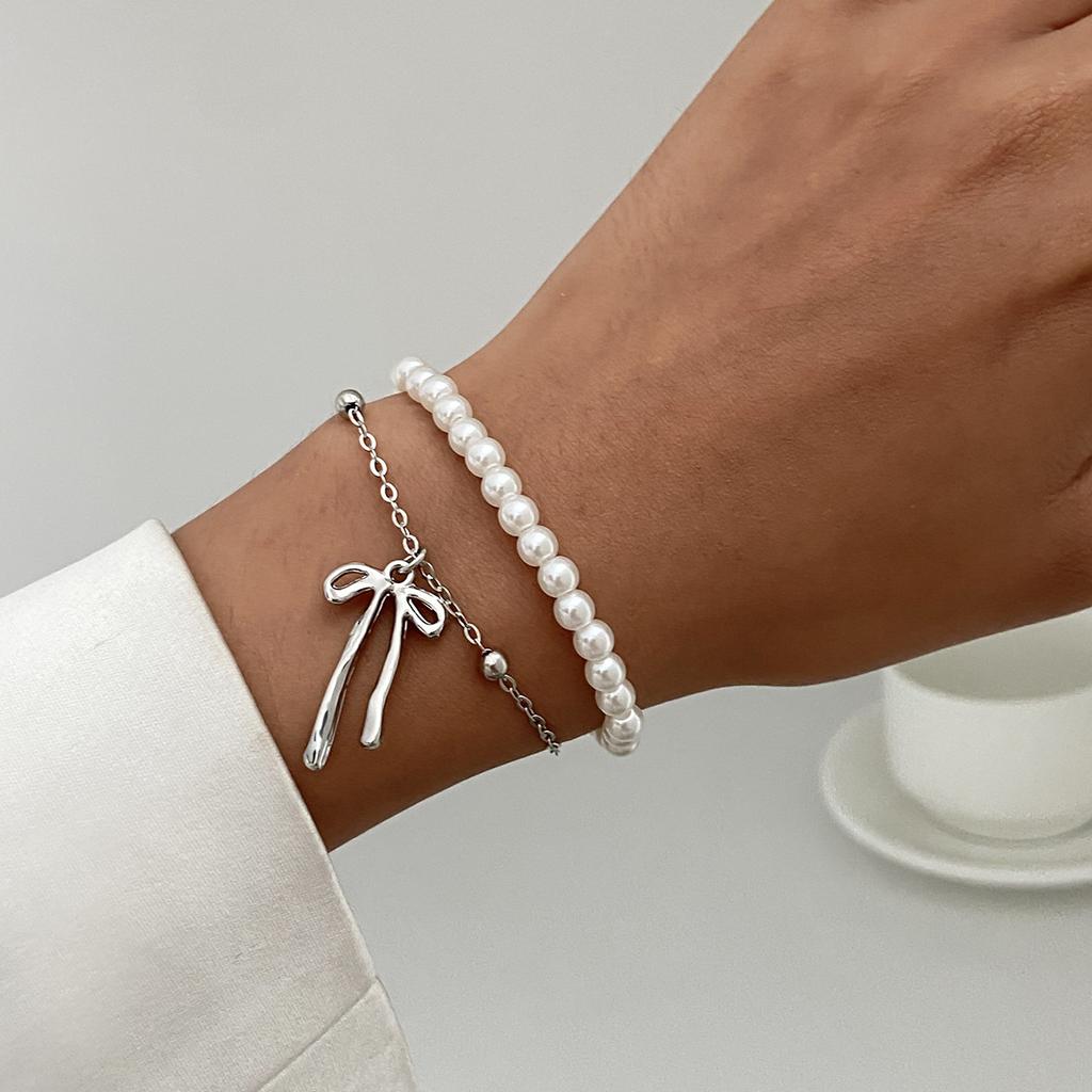 Sweet And Cool Style Ribbon Bow Bracelet, Temperament Love Imitation Pearl Star Stacked Wearing Jewelry Women